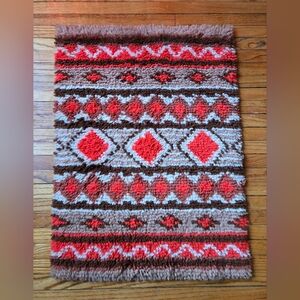 Vintage 70s Orange & Brown Geometric Southwestern Latch Hook Fiber Wall Art Rug